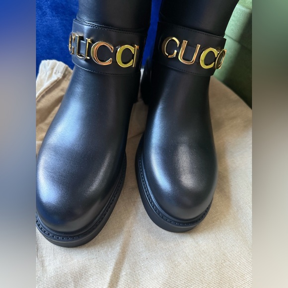 NEW GUCCI KNEE-HIGH LOGO BLACK LEATHER BOOTS -WOMEN US 10 EU 40 - Picture 4 of 12